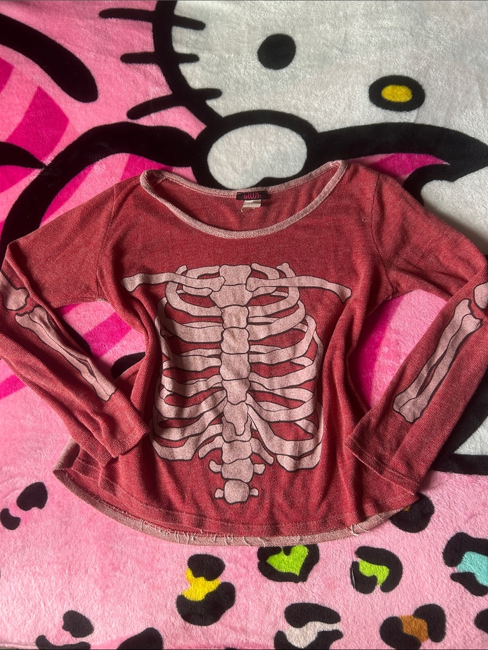 Blush Red Skeleton Graphic Long-Sleeve Tee for Kids